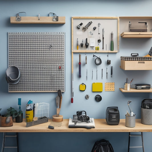 A clutter-free workspace with a pegboard on the wall, holding various tools and accessories, alongside a portable toolbox and a labeled storage bin, set against a clean, light-gray background.