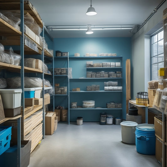 A tidy, well-organized storage room with plastering equipment stacked on shelves, labeled bins, and hooks, surrounded by a clean concrete floor and fluorescent lighting, with a hint of natural light.