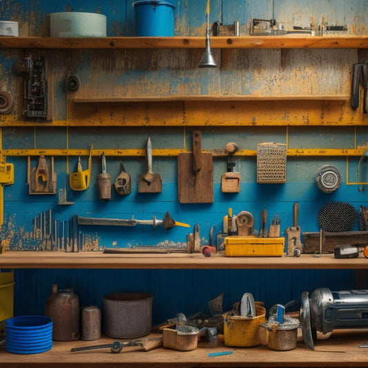 A cluttered workshop background with a central, organized pegboard displaying various renovation tools, including a drill, level, tape measure, pliers, and wrench, surrounded by scattered blueprints and a half-completed DIY project.