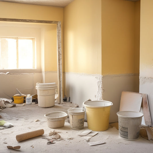 A dusty construction site with a partially renovated plaster wall, featuring a putty knife, trowel, sanding block, and a bucket of joint compound, amidst scattered drywall scraps and renovation debris.