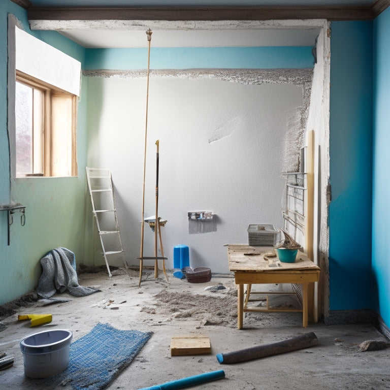 Image of a partially renovated room with one plaster wall exposed to show underlying damage, alongside a patched and painted section, with a tool-filled budget-friendly DIY workspace in the foreground.