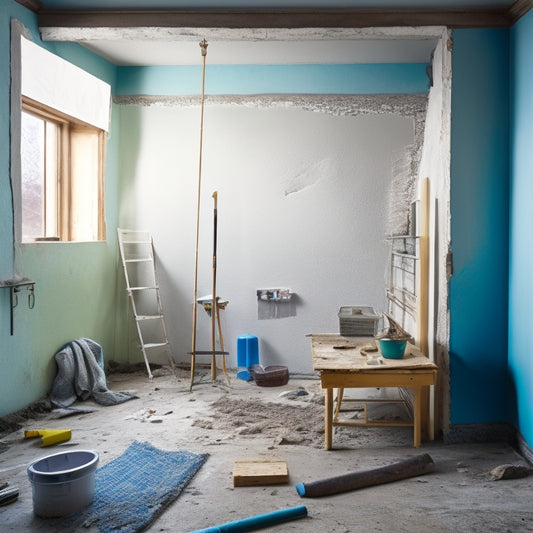 Image of a partially renovated room with one plaster wall exposed to show underlying damage, alongside a patched and painted section, with a tool-filled budget-friendly DIY workspace in the foreground.