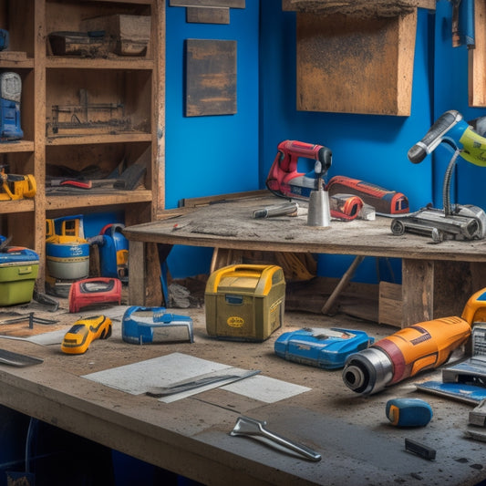 A cluttered but organized workspace with a partially demolished wall in the background, surrounded by various renovation tools, including a circular saw, level, and drill, with a subtle hint of a blueprint on a nearby table.