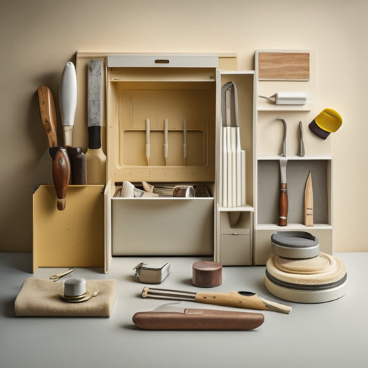 A neatly organized, open toolbox with various smooth finish tools, including a putty knife, sanding block, and scraper, on a background of freshly painted, cream-colored walls with subtle texture.