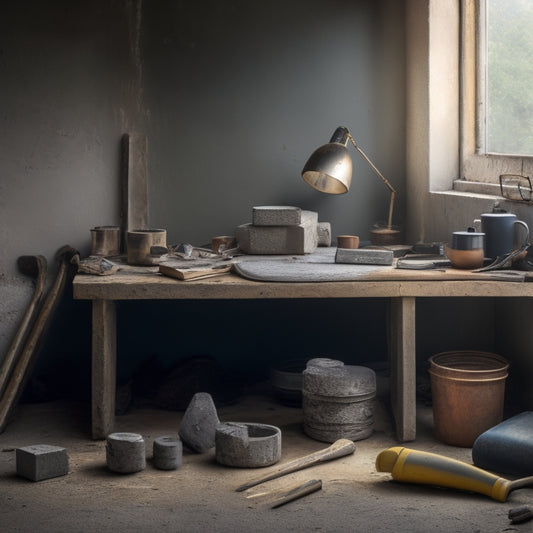 A cluttered workspace with worn-out, rusty trowels and crumbling concrete blocks scattered around, contrasted with a tidy area featuring sleek, modern renovation tools and a perfectly finished concrete wall.