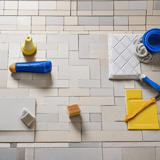 A messy, partially grouted tile floor with various grouting tools scattered around, including a grout float, grout sponge, and grout scraper, with a faint outline of a perfect, grouted tile in the background.