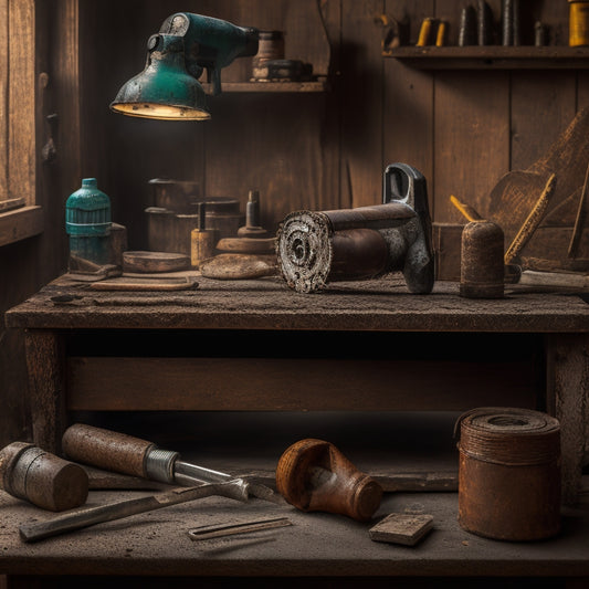 A high-contrast photograph of a worn, wooden workbench cluttered with well-used tools: a cordless drill with worn grips, a tape measure coiled around a rusty nail, and a hammer with a scratched handle.