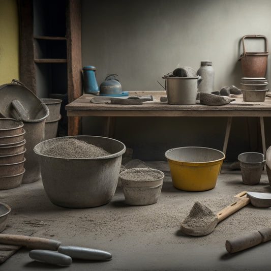 A messy workshop background with various concrete trowels of different sizes and shapes scattered around, with a few lying on a workbench, surrounded by concrete mixing tools and buckets.