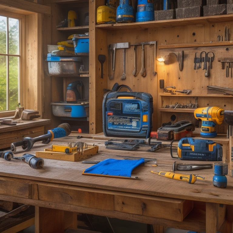 A cluttered but organized DIY workspace with a mid-range cordless drill, level, and impact driver on a worn wooden workbench, surrounded by scattered woodworking tools and half-finished renovation projects.