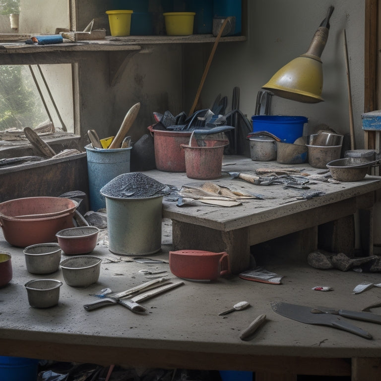 A cluttered workshop table with various types of trowels, hawks, and joint knives scattered around a large bucket of mixed plaster, with a few scraps of drywall and a ladder in the background.