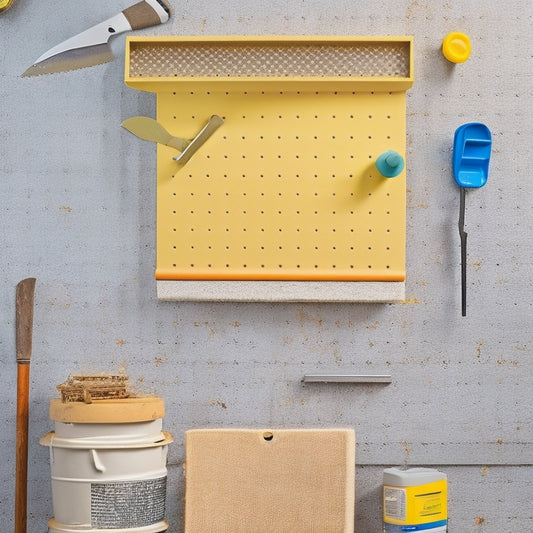 A clutter-free workshop with a neatly organized pegboard, a bucket of mixed plaster, a trowel, a putty knife, a spirit level, a drill, and a mixing paddle, set against a clean, light-gray background.