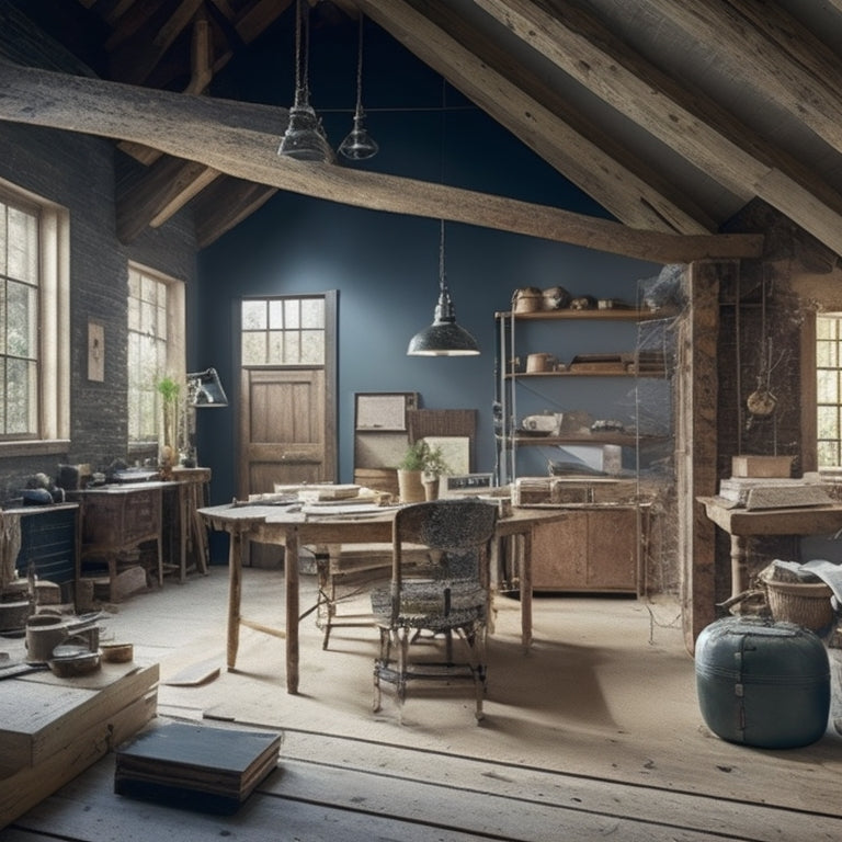 A cluttered home renovation workspace with measuring tapes, blueprints, and scattered construction materials surrounding a central, partially-completed room with exposed walls and wooden beams.