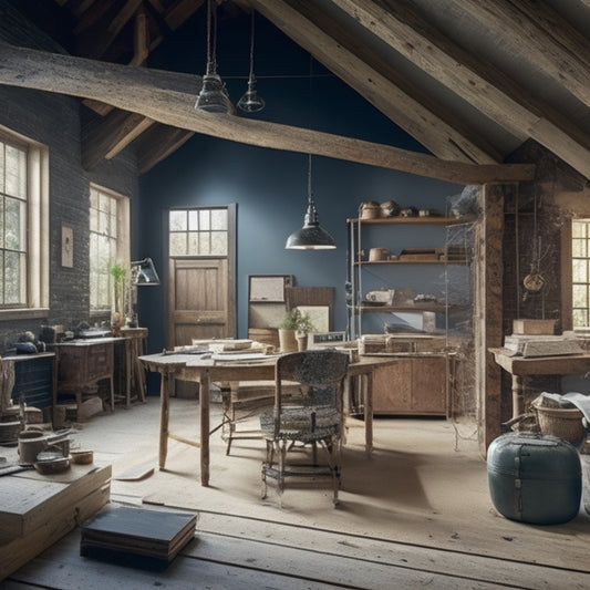 A cluttered home renovation workspace with measuring tapes, blueprints, and scattered construction materials surrounding a central, partially-completed room with exposed walls and wooden beams.