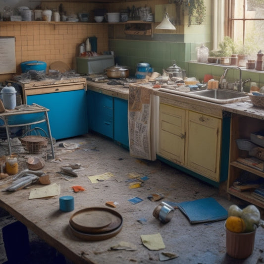 A cluttered kitchen with torn-out flooring, exposed walls, and scattered tools, surrounded by measuring tapes, calculators, and crumpled up papers with scribbled notes and numbers.
