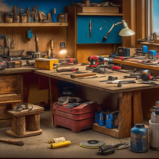 A cluttered but organized workbench with various finishing tools, including a cordless drill, orbital sander, and putty knife, surrounded by half-finished wood trim and a roll of sandpaper.