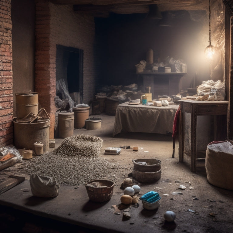 A cluttered, dimly lit renovation site with exposed brick walls, scattered tools, and a half-finished plaster job, surrounded by bags of plaster beads in various sizes, with a few beads spilling out.