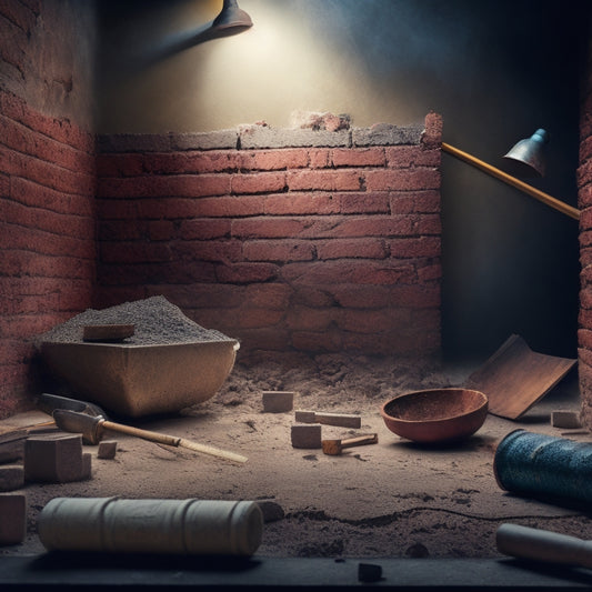 An illustration of a cracked foundation wall with water seepage, surrounded by scattered renovation tools and broken bricks, set against a darkened, eerie background with faint, ominous shadows.