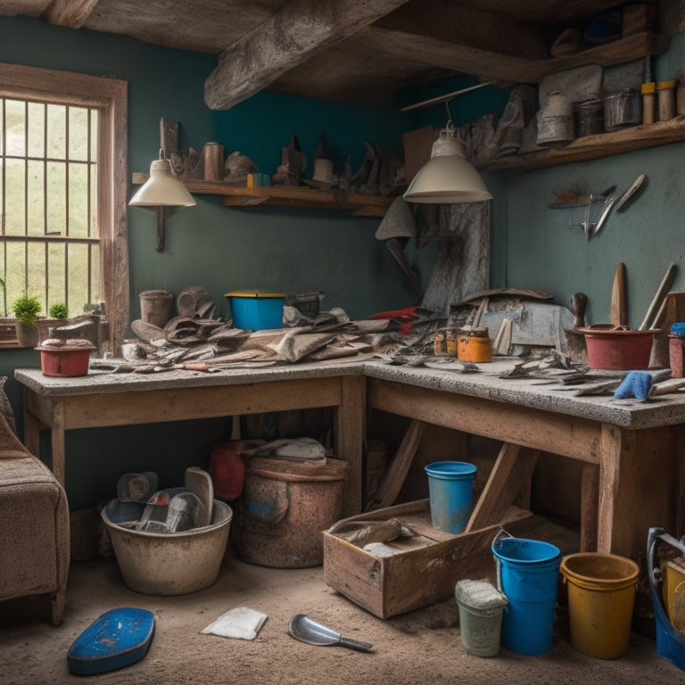A cluttered workbench with a variety of DIY plastering tools, including a hawk, trowel, putty knife, and joint knife, surrounded by buckets of plaster, sand, and water, with a renovated ceiling in the background.