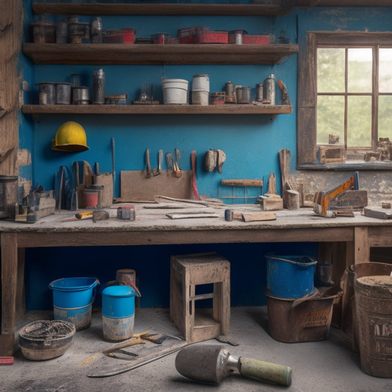 A cluttered workbench with various stucco renovation tools, including a notched trowel, putty knife, and specialized drill bits, surrounded by scattered buckets, ladders, and construction materials.