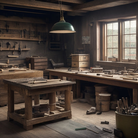 A clutter-free workshop with a large, wooden workbench in the center, surrounded by various block cutting tools, renovation materials, and a few partially renovated blocks with chisels and hammers lying nearby.