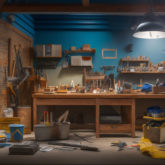 A tidy, well-lit workshop with various patching products and tools organized on a workbench, surrounding a seamless joint in a drywall panel, with a faintly visible putty knife and sandpaper nearby.