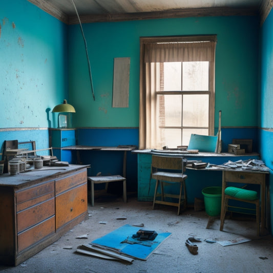 An empty, worn-out room with peeling paint and old furniture, surrounded by renovation tools, blueprints, and a few scattered inspirational decor magazines, with a faint grid pattern on the walls.