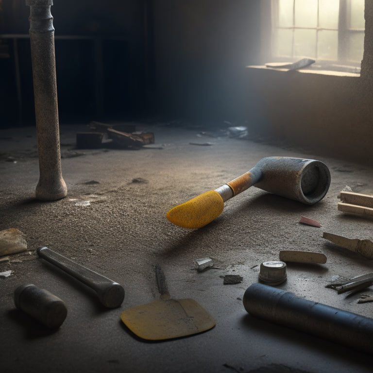 An illustration of a rusty hammer, screwdriver, and pliers lying on a dusty, cracked concrete floor amidst scattered renovation debris, with a faint mist of water vapor surrounding them.