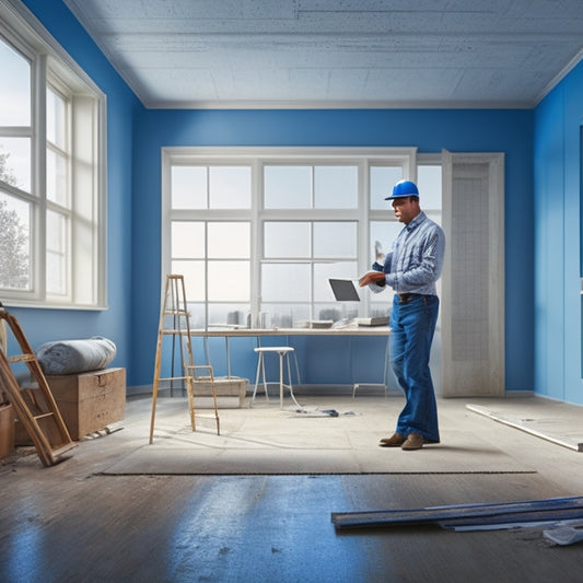 An illustration of a person standing in a partially renovated room with a calculator and blueprints, surrounded by scattered construction materials and a faint grid of measurements in the background.
