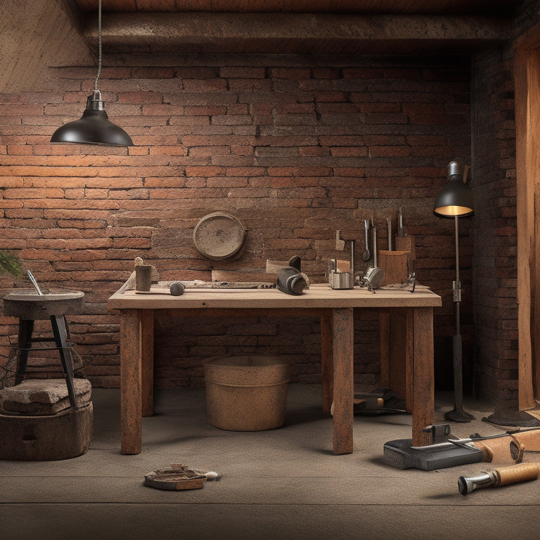 A cluttered home renovation workspace with a wooden table, scattered tools, and a brick wall in the background, featuring a prominent masonry drill and drill bits in the foreground.