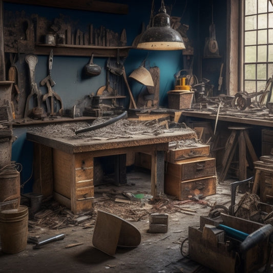 A cluttered workshop with a mangled saw blade, a hammer with its claw bent at a 90-degree angle, and a drill with its cord tangled around a broken chair leg, amidst scattered renovation tools and debris.