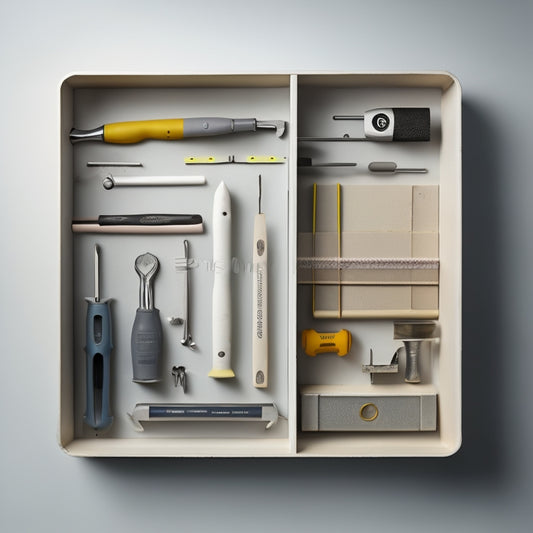 A neatly organized, open toolbox containing various plasterboard fixing tools, including a drill, screws, joint tape, and a putty knife, set against a clean, light-gray background with subtle shadows.