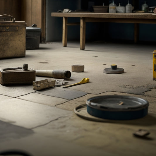 A worn, cracked concrete floor with a broken tile in the foreground, next to a toolbox with a sealant tool and a newly sealed, shiny floor in the background.