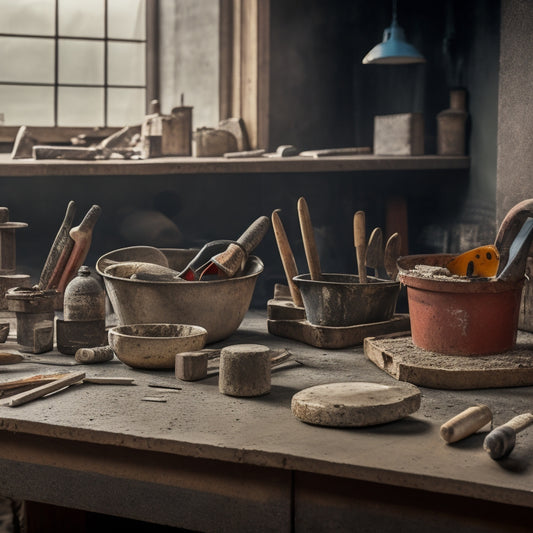 A cluttered workbench with five different concrete trowels, each with unique handle materials and blade shapes, surrounded by scattered renovation tools and a blurred background of a construction site.
