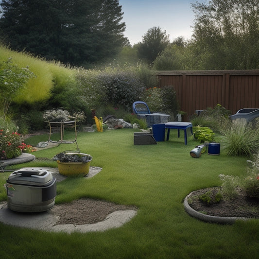 A messy backyard with overgrown grass and weeds, with a concrete patio in the background, divided by a rough, uneven edge, surrounded by various cordless concrete edgers and their batteries.