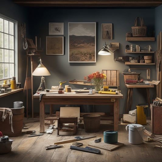 A clutter-free, well-lit room with a mix of renovation tools and materials, including a level, hammer, tape measure, and paint swatches, arranged on a wooden table or workbench.