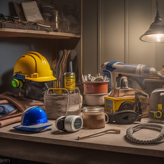 A cluttered home renovation workspace with a mix of power tools, safety gear, and building materials, featuring a central figure wearing a hard hat, safety glasses, and a dust mask.