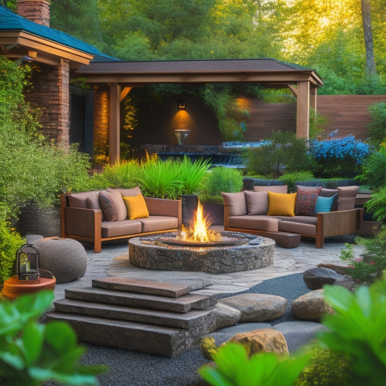 A serene outdoor patio scene with a rustic wooden pergola, plush sectional sofa, and modern fire pit, surrounded by lush greenery, potted plants, and a statement stone water feature.