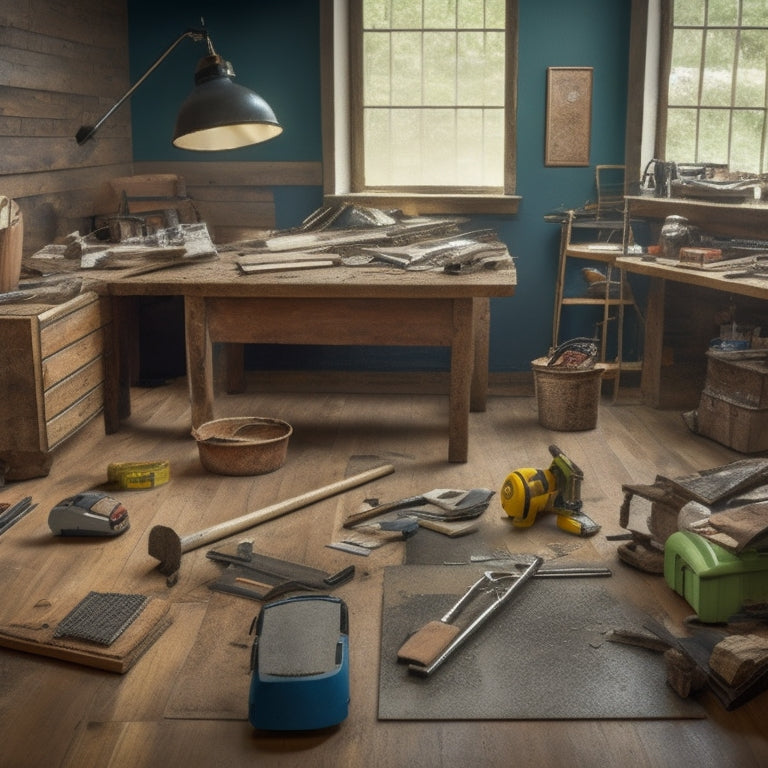 A cluttered workspace with various flooring tools scattered around, including a tile cutter, flooring nailer, and pry bar, surrounded by torn-out flooring, with a half-installed hardwood floor in the background.