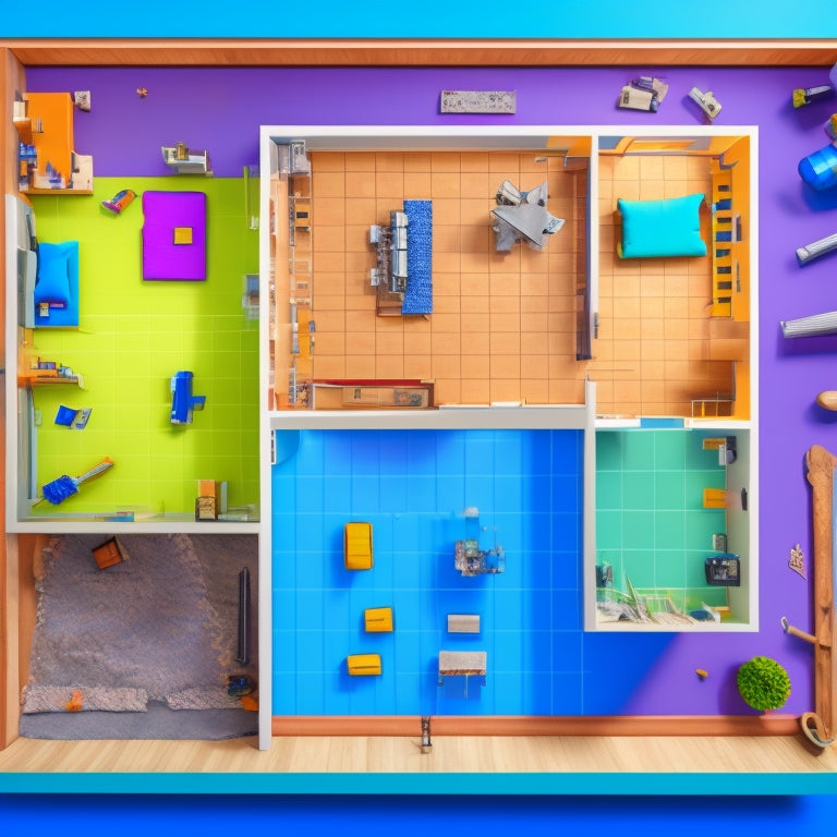 An illustration of a blueprint or floor plan with various rooms highlighted in different colors, surrounded by scattered renovation tools, and a faint image of a hammer-wielding hand in the background.