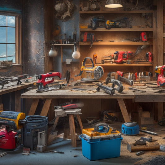 A cluttered workbench with various power tools, such as a circular saw, drill, and impact driver, surrounded by renovation materials like lumber, pipes, and drywall, with a subtle background of a renovation site.