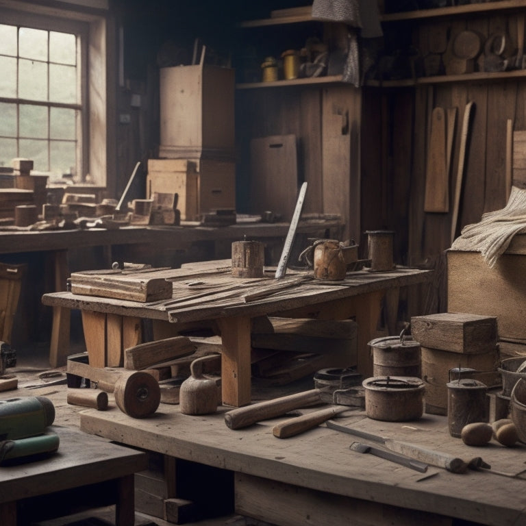 A cluttered lumberyard with stacks of wooden planks, a measuring tape lying on a workbench, a carpenter's square on a nearby table, and a few scattered tools in the background.