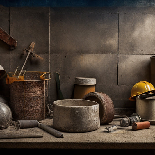 A worn, cracked concrete wall with rusty rebar exposed, surrounded by scattered tools, hard hats, and caution tape, with a faint grid of safety markers in the background.