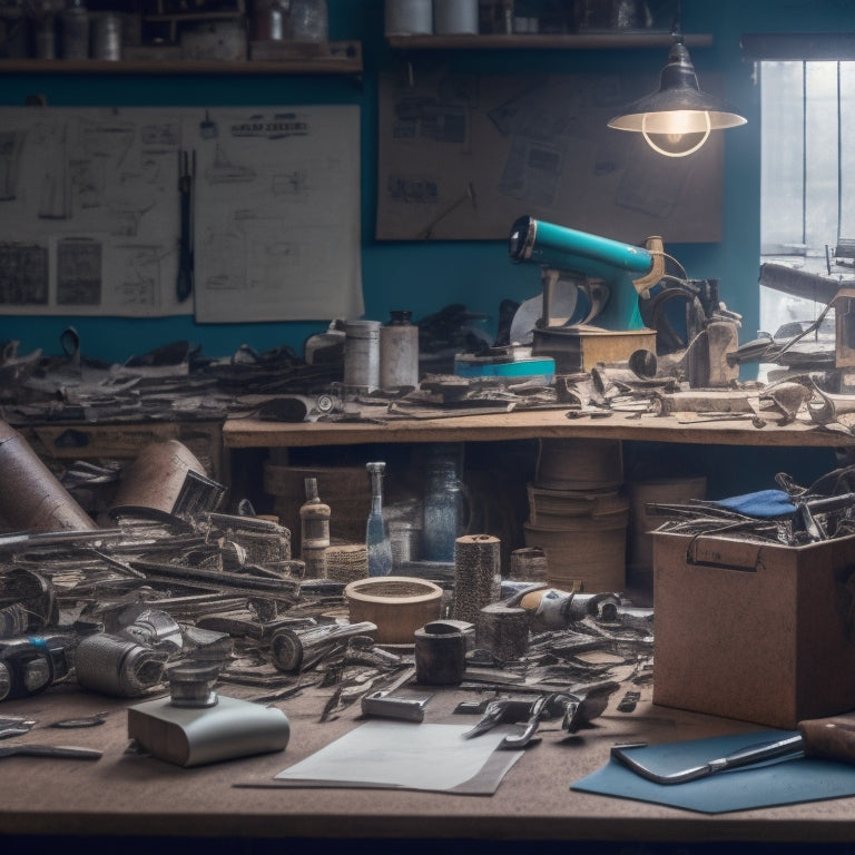 A cluttered workshop with a mix of old and new tools, scattered blueprints, and a DIY project in progress, surrounded by price tags and budget notes on a corkboard.