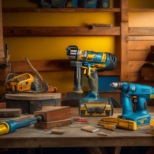 A cluttered workshop background with various tools and machinery, featuring a DeWalt drill, a Makita impact driver, a Bosch circular saw, and a Milwaukee work light, all arranged amidst wooden planks and renovation debris.