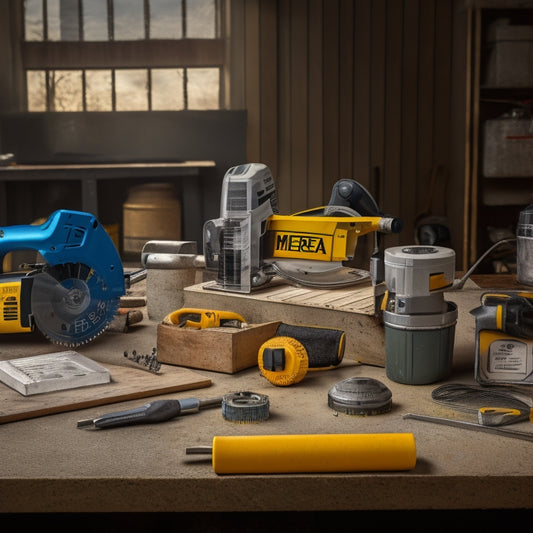 A cluttered workshop table with a miter saw, impact driver, level, and stud finder, surrounded by scattered drywall screws, a tape measure, and a bucket of joint compound.