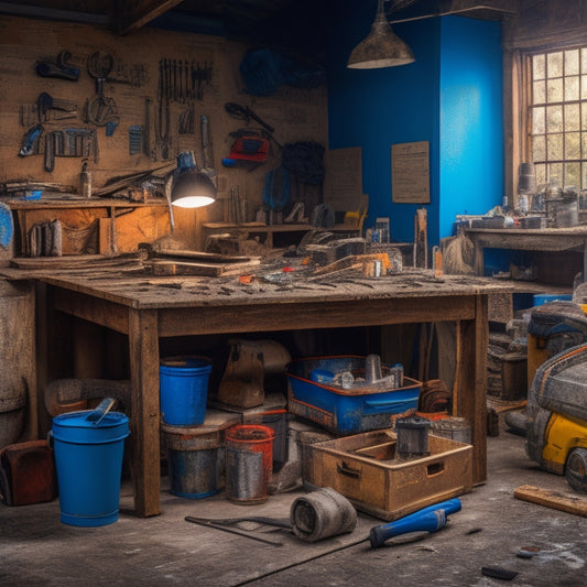 A cluttered workbench with various tools, including a cordless drill, tape measure, level, and wrench, surrounded by scattered blueprints, hammers, and paint cans, set against a messy renovation site background.