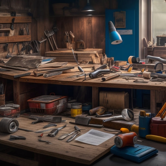 A cluttered, yet organized, workbench with a variety of DIY tools, including a hammer, level, tape measure, pliers, and screwdrivers, surrounded by half-finished renovation projects and scattered blueprints.