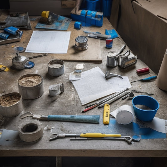 A cluttered workshop table with various renovation tools and materials, including a hammer, level, tape measure, drill, bucket of paint, and scattered blueprints, surrounded by scattered checklist papers and pencils.