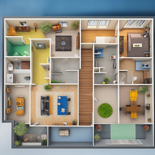 An illustration of a modern home's floor plan with various rooms highlighted in different colors, each with a corresponding Gantt chart section showing task bars and milestones.
