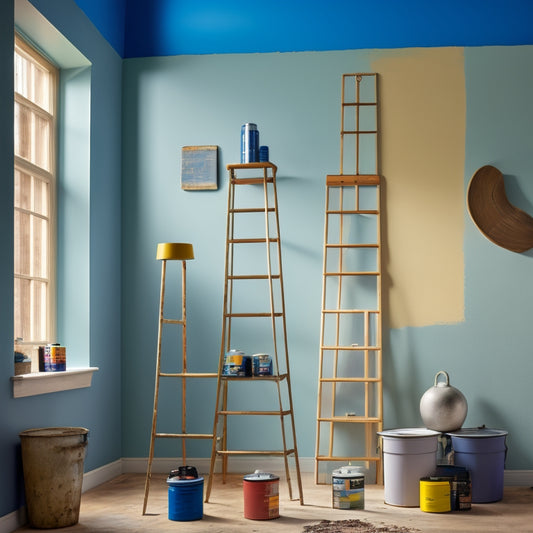 A serene, well-lit interior scene featuring a partially painted wall with 6-8 paint swatches in various shades, a ladder, and a few scattered paint cans and brushes.